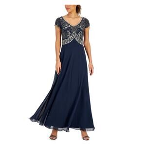 JKARA Beaded Chiffon Short Sleeve Long A-Line Evening Gown Blue Size 6 Dress